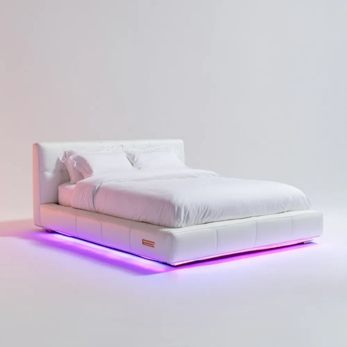 Łóżko podwójne tapicerowane z ekoskóry białe z oświetleniem LED, 160 x 200 cm