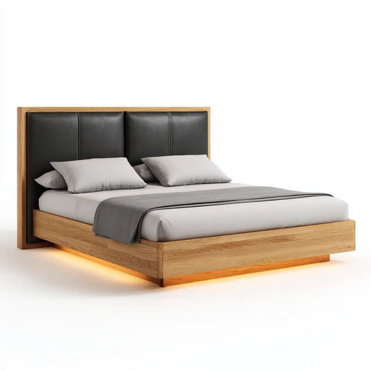 Drewniane łóżko dwuosobowe 160 x 200 cm w kolorze naturalnego dębu z czarnym zagłówkiem PU i oświetleniem LED