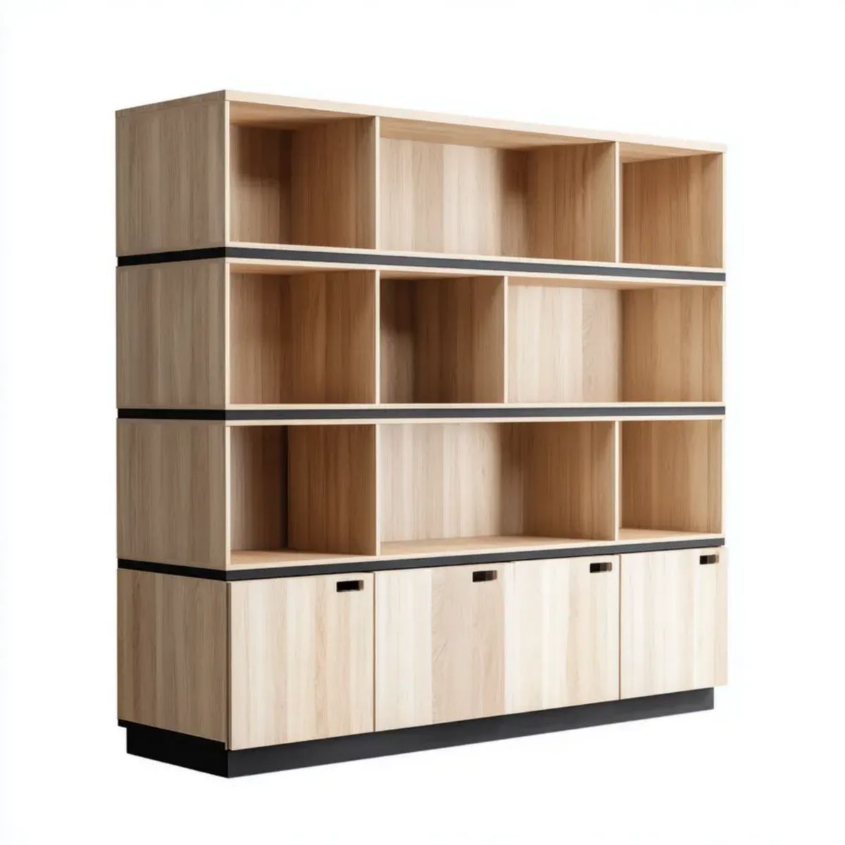 Regał biblioteczny drewniany 160 × 40 × 200 cm, 9 otwartych wnęk i 4 drzwi, dąb naturalny/czarny