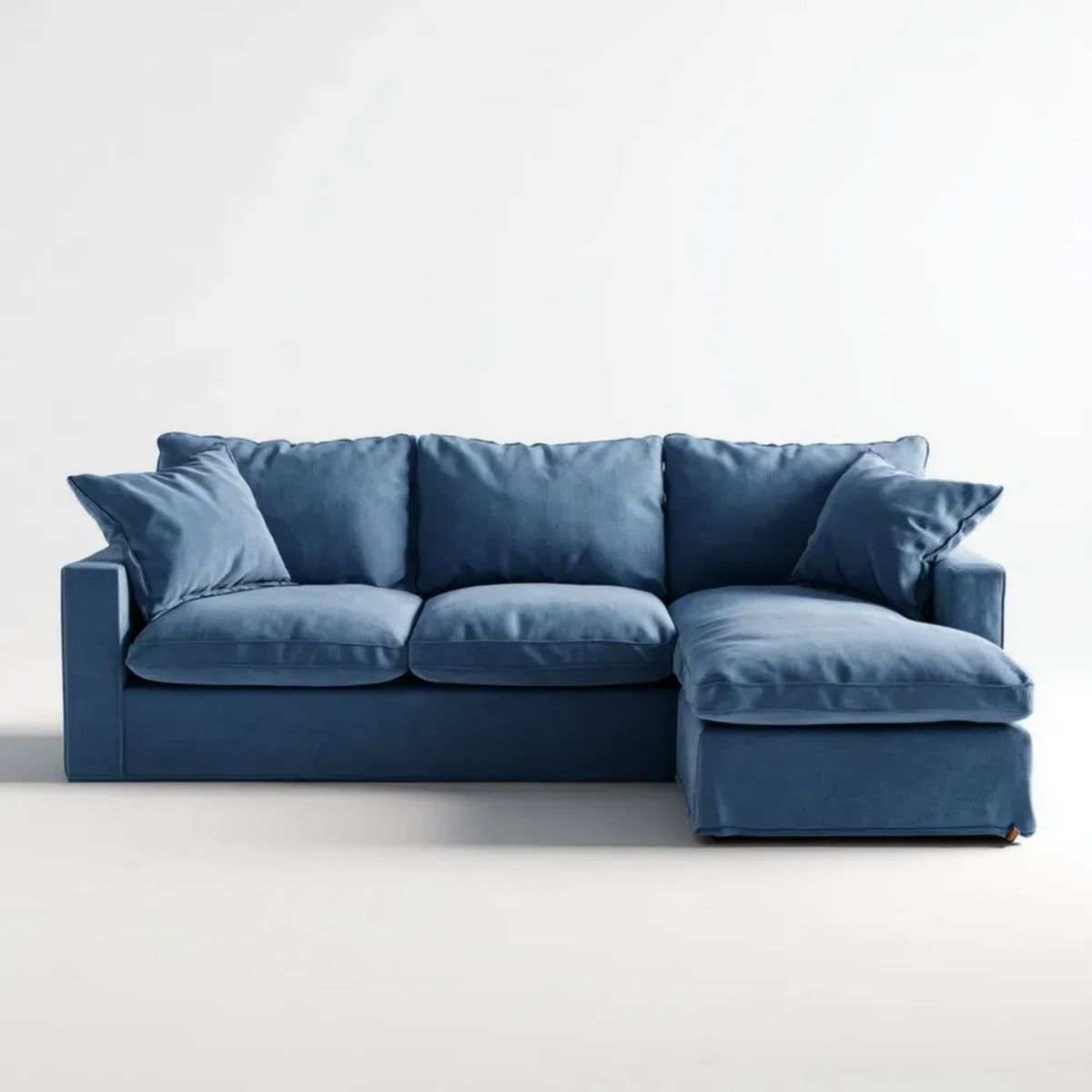 Trzyosobowa sofa narożna z tkaniny w kształcie L z prawostronnym szezlongiem, granatowa, 230 x 150 x 85 cm