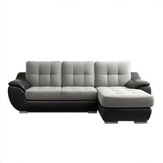 Prawostronna sofa narożna z szezlongiem, tapicerka poliestrowa i PU, szaro-czarna, 275 × 165 × 90 cm