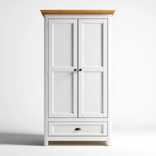 Dwudrzwiowa szafa z szufladą biała z drewna sosnowego i płyty MDF, 90 × 52 × 190 cm