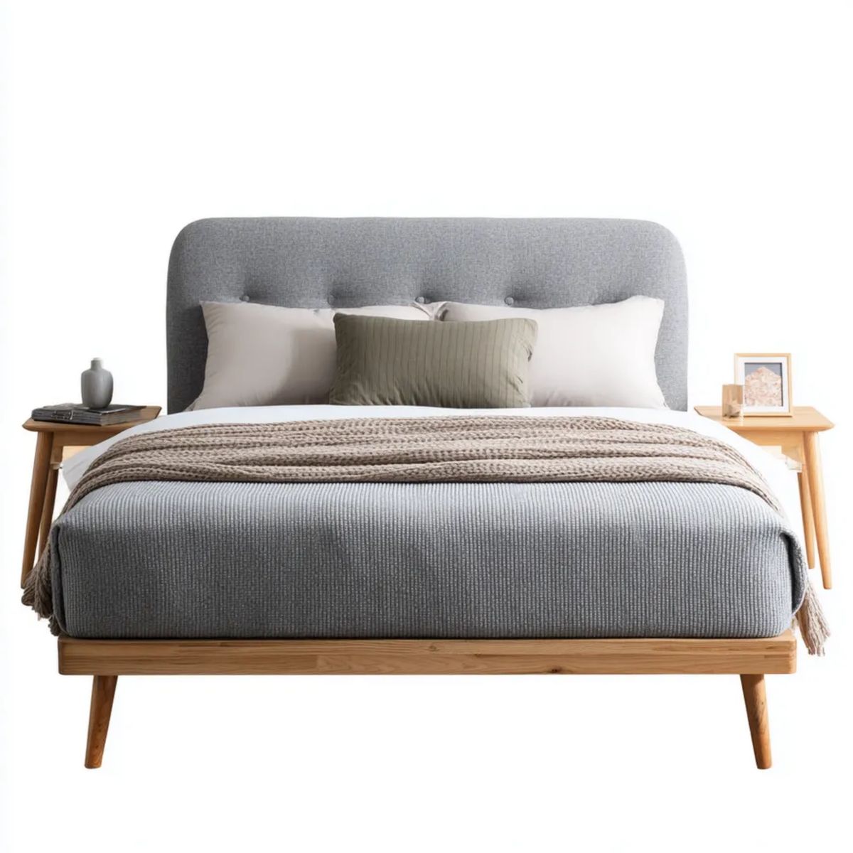 Dwuosobowe łóżko tapicerowane szare z litego drewna sosnowego, na materac 160 x 200 cm, 171 x 210 x 105 cm
