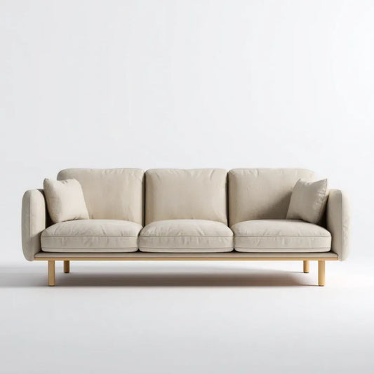 Trzyosobowa sofa beżowa z tapicerką poliestrową i drewnianą podstawą, 220 × 90 × 85 cm