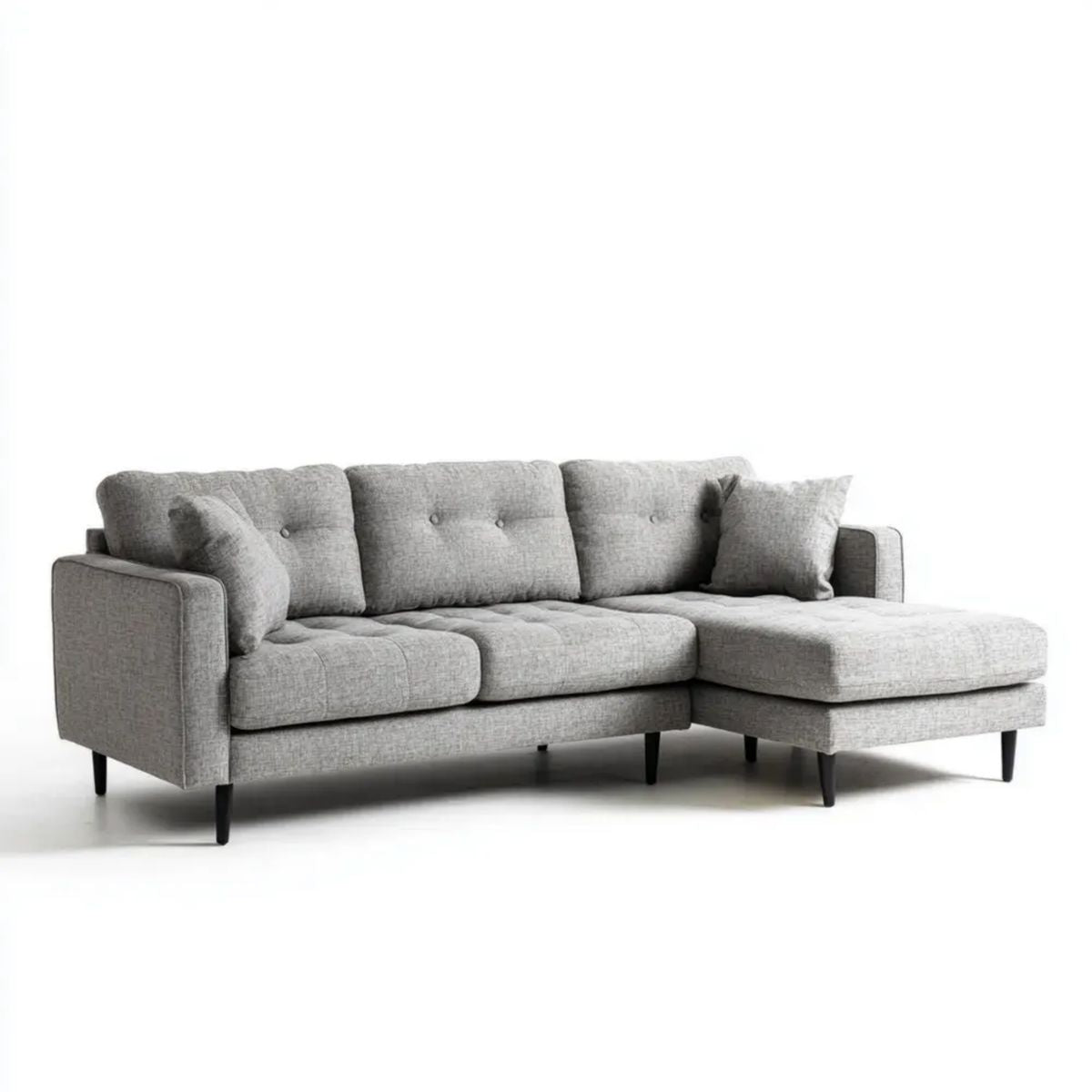 Szara sofa narożna z prawostronnym szezlongiem z tkaniny, 240 × 160 × 85 cm