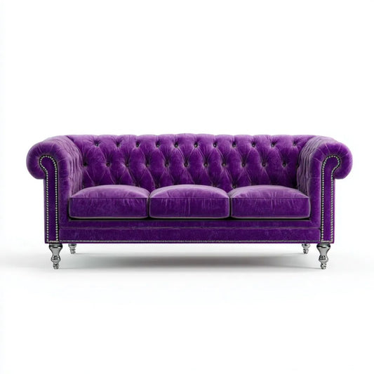 Trzyosobowa sofa Chesterfield z aksamitu, fioletowa, 225 x 90 x 78 cm