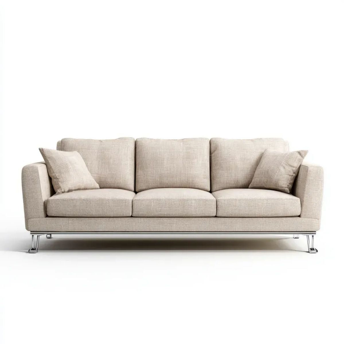 Beżowa sofa trzyosobowa z tapicerką tkaninową i chromowanymi nogami, 220 x 90 x 85 cm