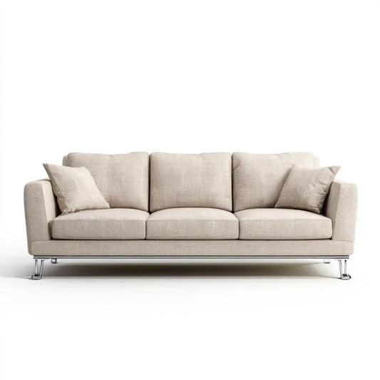 Beżowa sofa trzyosobowa z tapicerką tkaninową i chromowanymi nogami, 220 x 90 x 85 cm