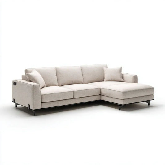 Beżowa sofa narożna w kształcie L z szezlongiem z tkaniny, 280 × 165 × 85 cm