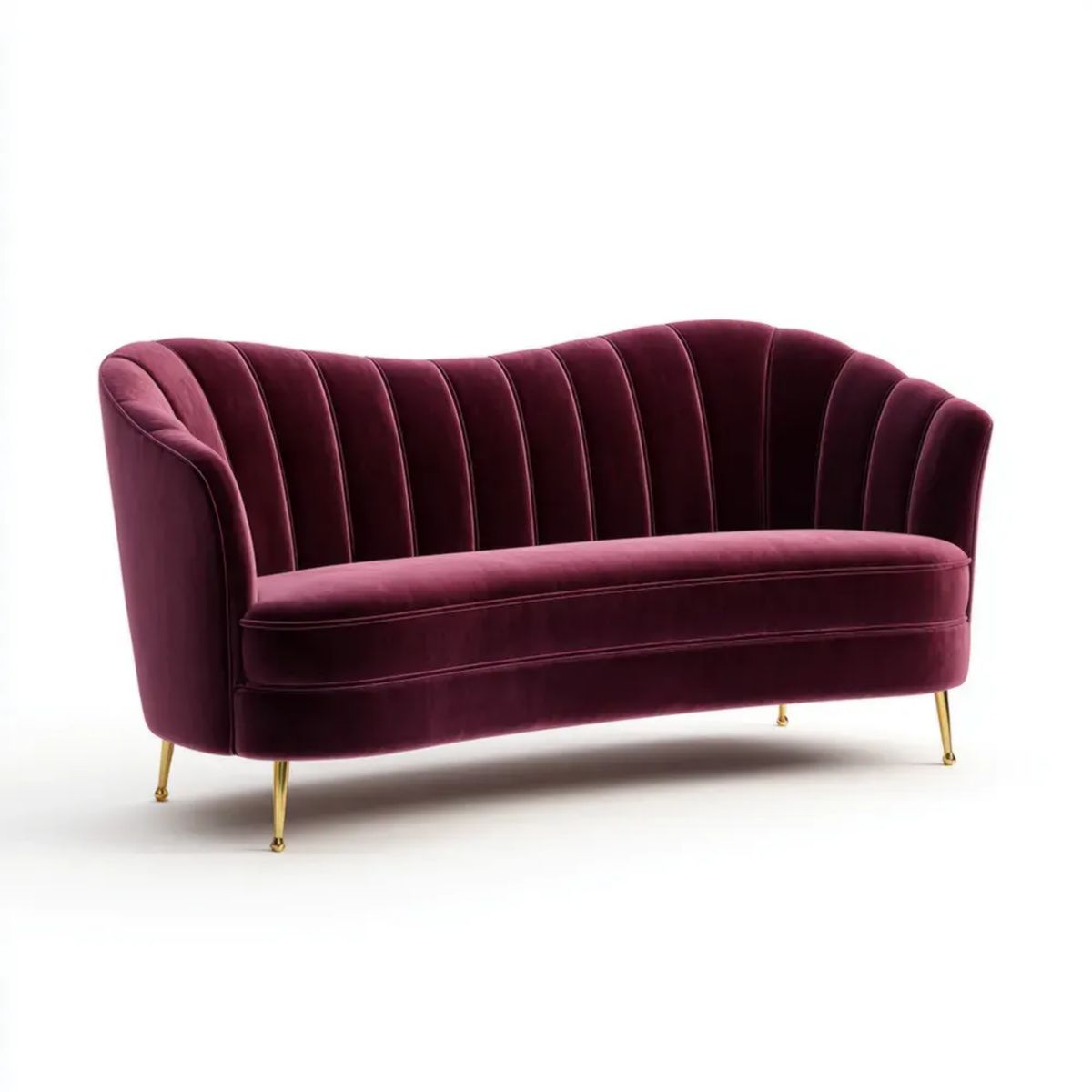 Dwuosobowa sofa bordowa z aksamitu, złote metalowe nogi, 150 × 76 × 80 cm