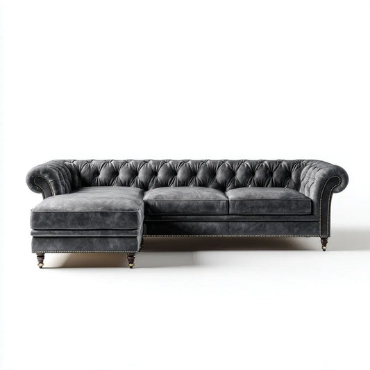 Sofa narożna Chesterfield 3-osobowa grafitowa z tapicerką PU, lewostronna, 280 × 160 × 78 cm